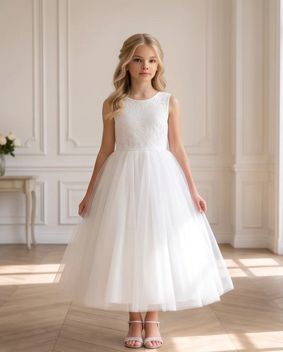Girls white lace bodice tulle - white,