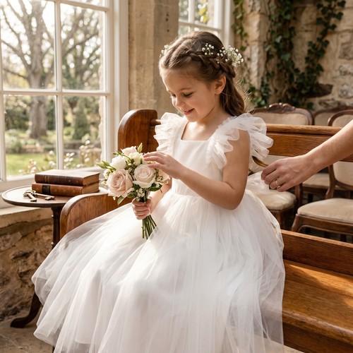 Girls white tulle flower girl - white,