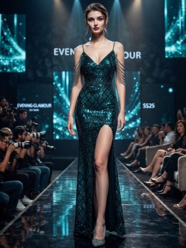 Emerald sequin neck evening - v-neck,